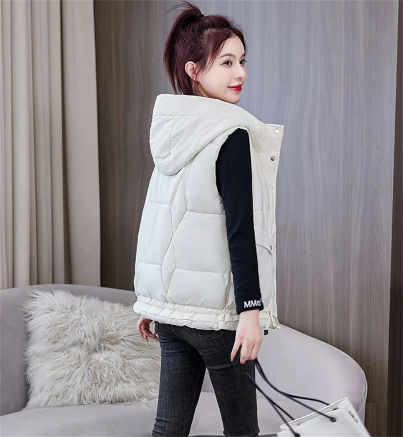 Warm Cozy Women Puffer Vest - Hooded Midlength, Winter