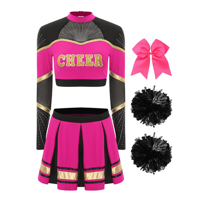Cosplaykostuum voor cheerleaderoptredens voor vrouwen, crop-top met lange mouwen en geplooide rok met pompons 2026