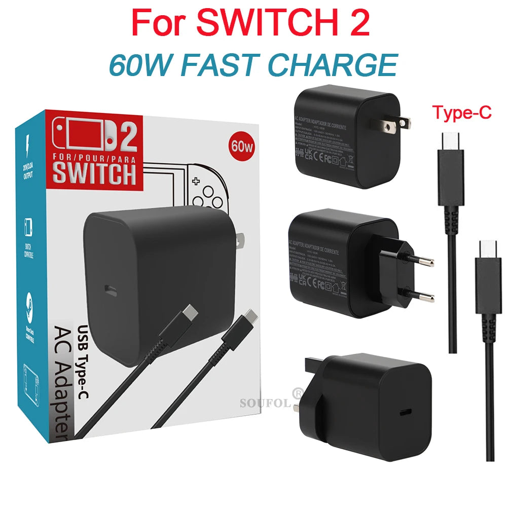 Cargador rápido USB C de 60W con enchufes EU US UK para Switch2