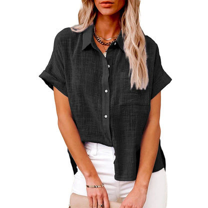 Linen Shirt Short Sleeve Casual Loose Fit Blouse Fresh Sweet Style Polyester Fabric