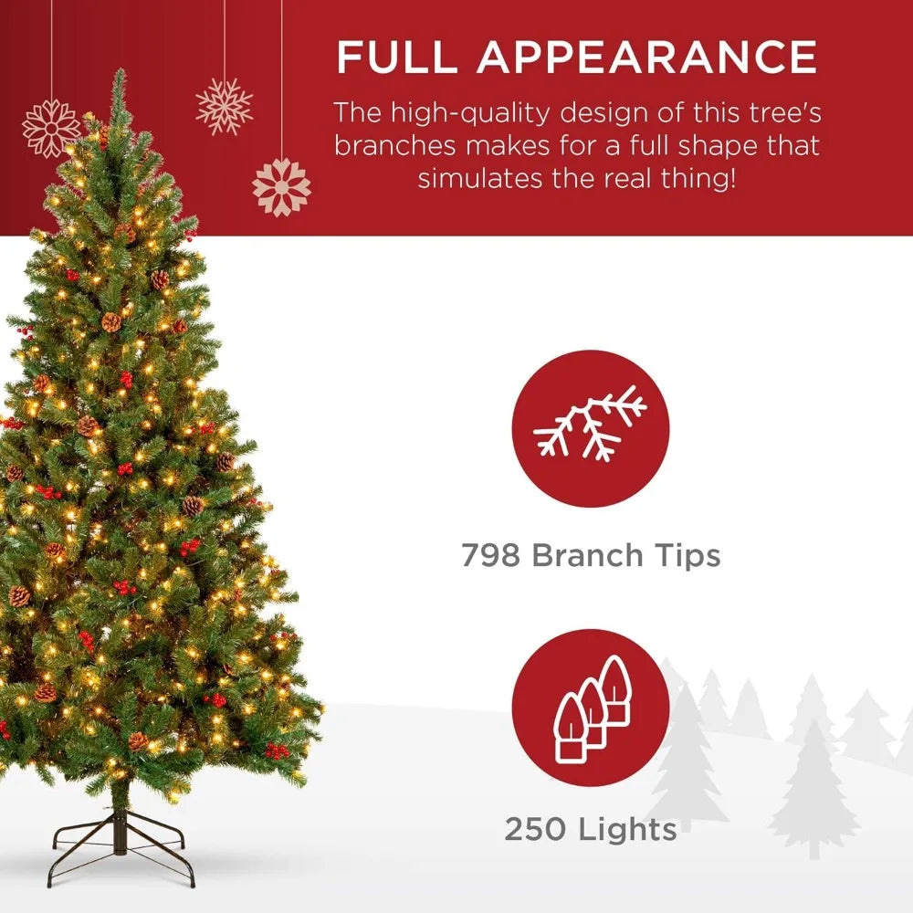 Pre-Lit Artificial Christmas Tree with Pinecones & Berries - 250 Lights, Easy Assembly, Holiday Decor