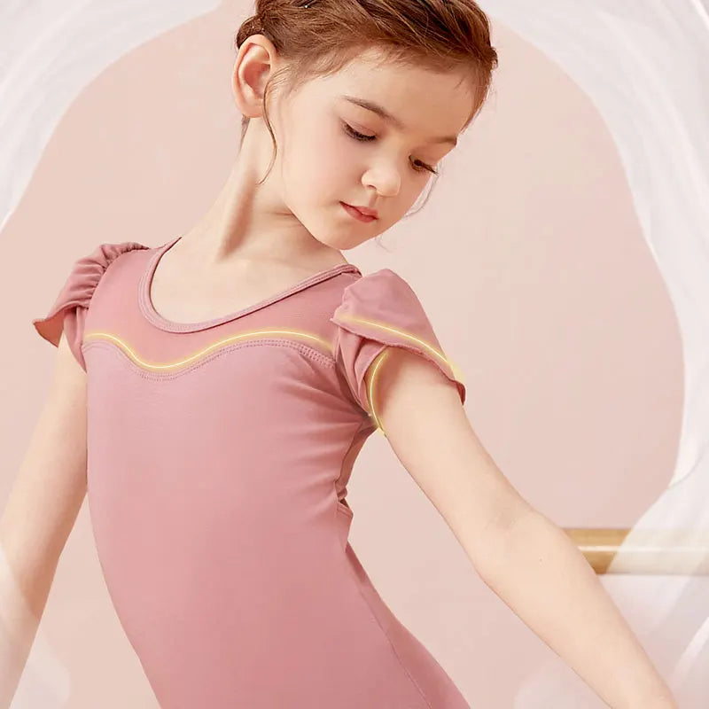 Elastischer Ballett-Body für Mädchen – kurzärmlig, Schleifendetail am Rücken, Baumwoll-Elasthan, für Tanzunterricht