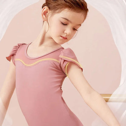 Elastischer Ballett-Body für Mädchen – kurzärmlig, Schleifendetail am Rücken, Baumwoll-Elasthan, für Tanzunterricht