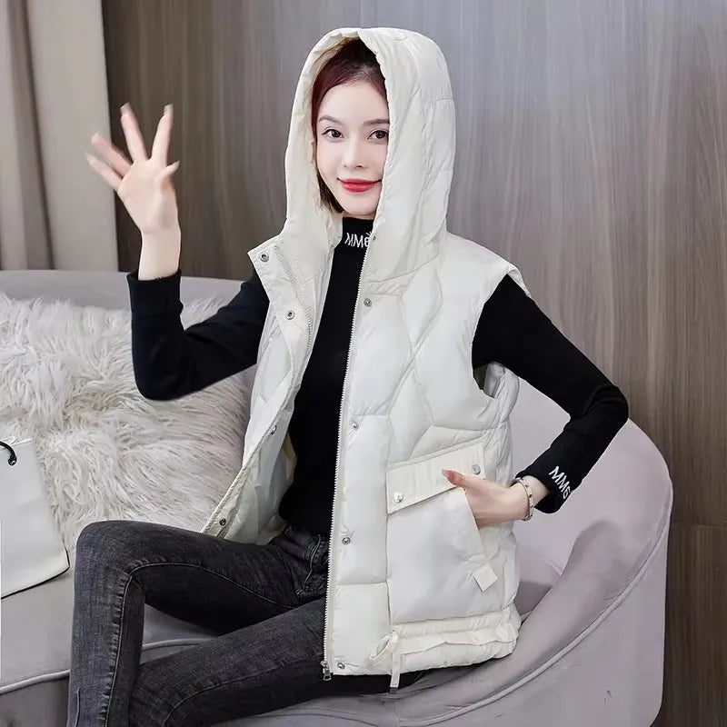 Warm Cozy Women Puffer Vest - Hooded Midlength, Winter