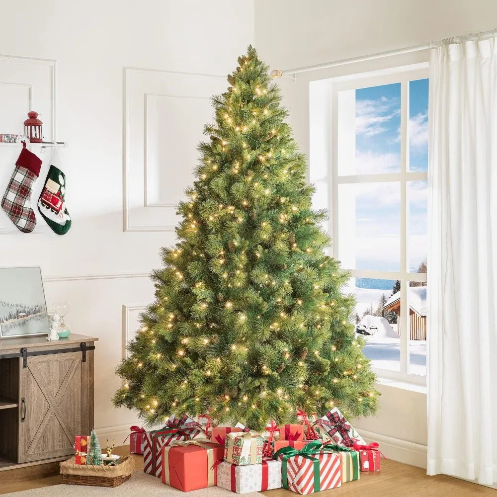 Prelit Artificial Christmas Tree with 750 Warm Lights, 1556 Branch Tips, Foot Pedal, Pine Cones & Sturdy Metal Stand