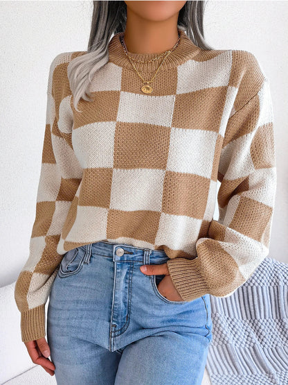 Oversized Cozy Women's Knit Sweater - Checkered, Soft