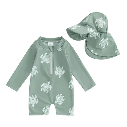 Lightweight Toddler Boys Rash Guard Swimsuit - Long Sleeve, Turtle Print, Polyester, Beachwear