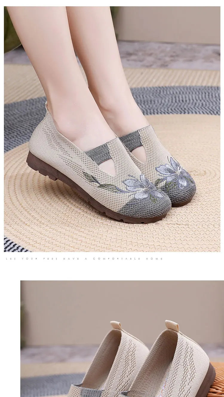 Breathable Women’s Flats - Slip-On Mesh, Embroidered