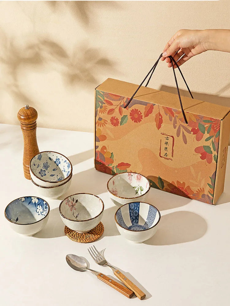 Japanse keramische kom set 6-delig magnetronbestendig geschenkdoos
