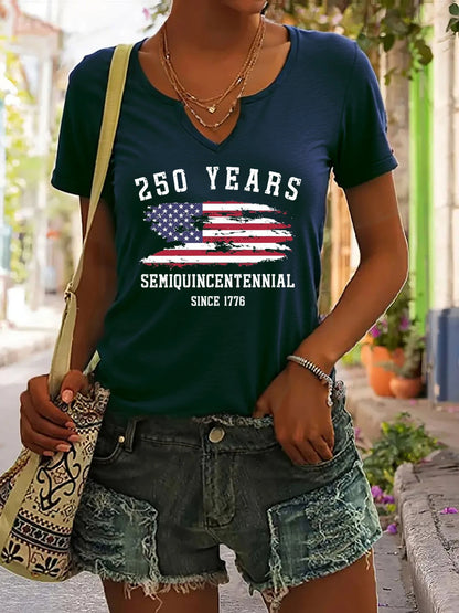 Soft Women's V-Neck T-Shirt - Short Sleeve, Patriotic Semiquincentennial Flag Print, Casual Top