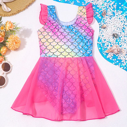 Quick-Dry Durable Girls' One-Piece Swimsuit – Mermaid-Scale Print, Ruffle Sleeves, Tulle, Polyester Elastane, Beach