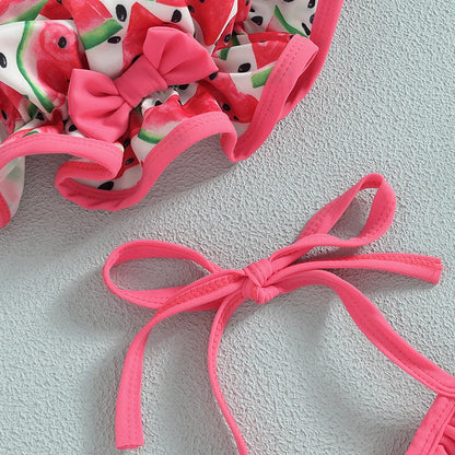 Costume bikini morbido per ragazze - top corto con volant e collo allacciato, stampa squame di sirena, pantaloncini, poliestere, per vacanze estive