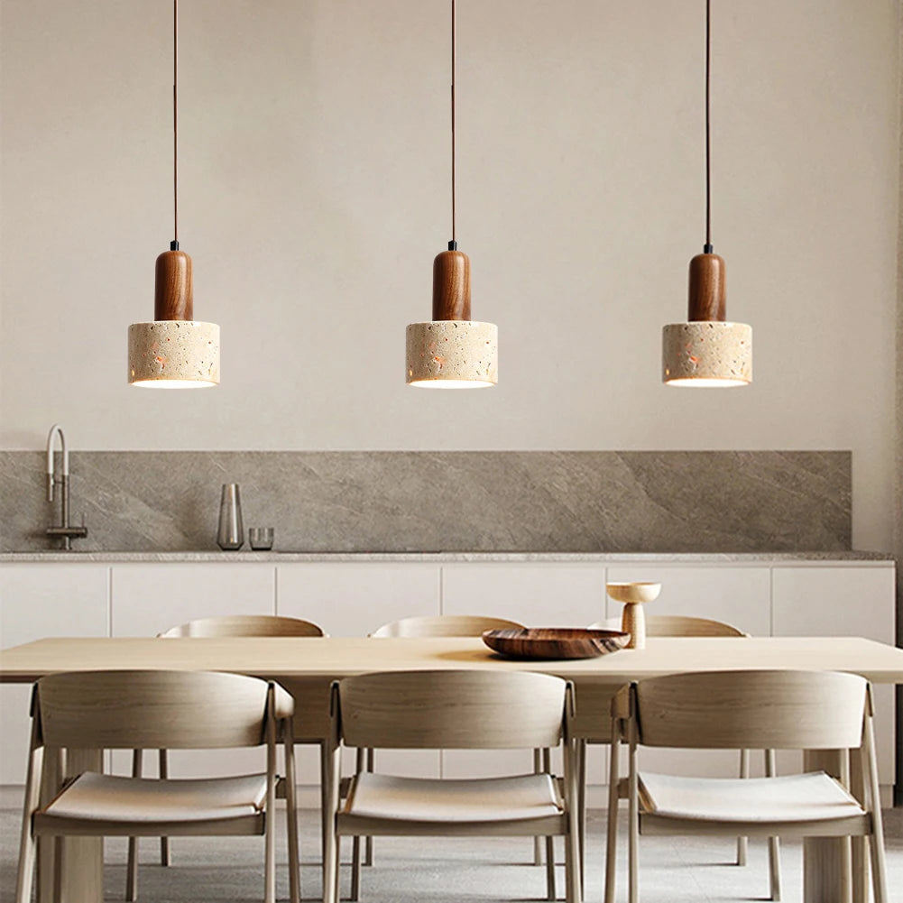 Lámpara colgante japonesa Japandi de madera y lámpara de noche de travertino