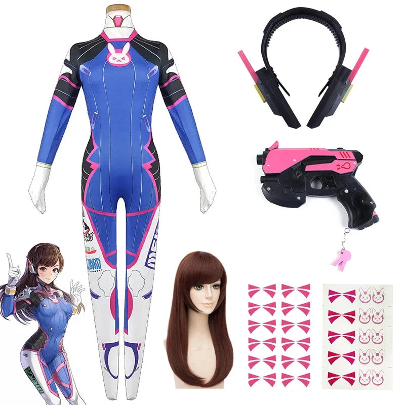 Overwatch DVa Meka Pilot Zentai Jumpsuit Cosplay Costume Set with Wig Headphones and Gun Props 2026