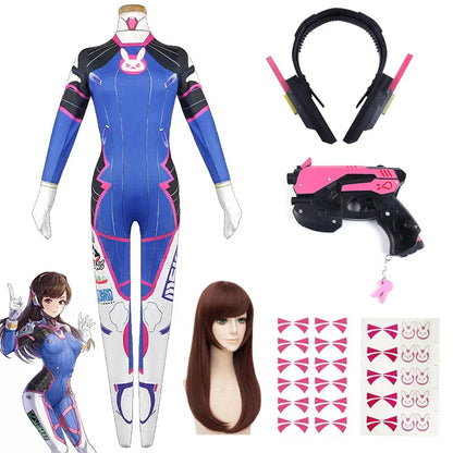 Overwatch DVa Meka Pilot Zentai Jumpsuit Cosplay Costume Set with Wig Headphones and Gun Props 2026