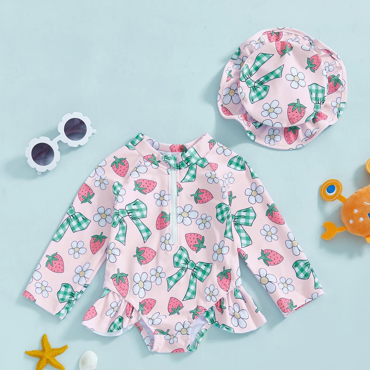Soft Girls' Rash Guard Swimsuit Set - Zip-Up, Floral Print, Polyester, With Hat, For Summer Beach And Pool