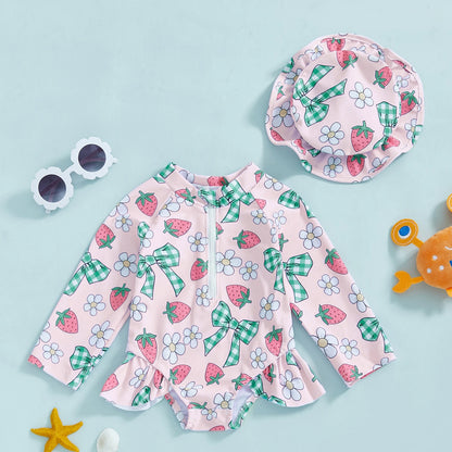 Soft Girls' Rash Guard Swimsuit Set - Zip-Up, Floral Print, Polyester, With Hat, For Summer Beach And Pool