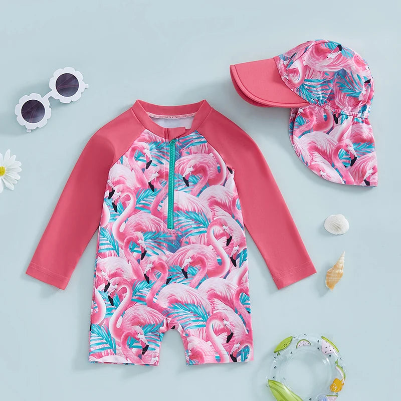 Let holdbar toddler pigebadedragt med rashguard - langærmet blomster flamingo print, polyester elastan, strandtøj