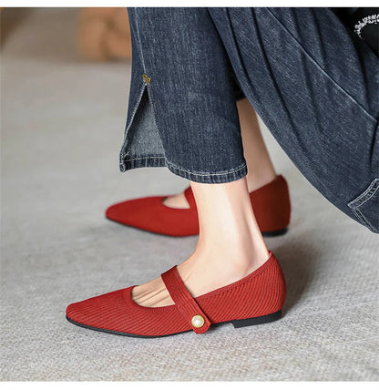 Stretchy Women Mary Jane Flats - Ribbed Knit For Spring