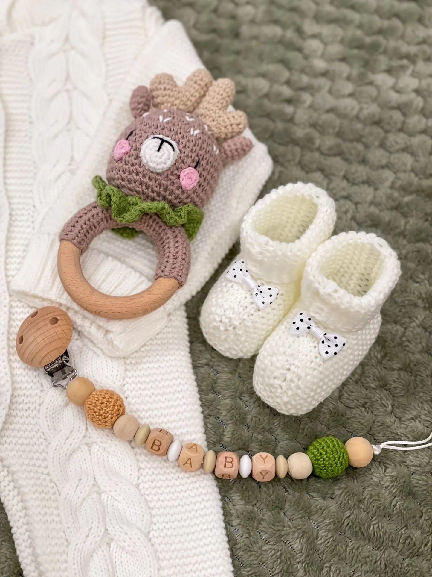 Wooden Crochet Animal Teether Rattle Newborn Sensory Toys