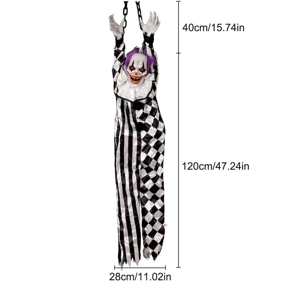 Animatronische hangende clownverpleegster met spraakbediening, elektrisch Halloween-griezelrekwisiet voor buiten en spookhuizen 2026