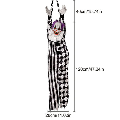 Animatronische hangende clownverpleegster met spraakbediening, elektrisch Halloween-griezelrekwisiet voor buiten en spookhuizen 2026