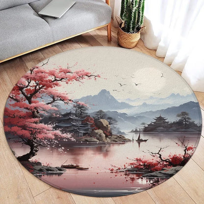 Koi Fish Round Rug Japanese Water Ink Floor Decor Serene
