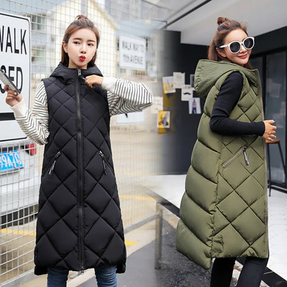 Lightweight Women's Long Puffer Vest - Hooded Cotton Winter