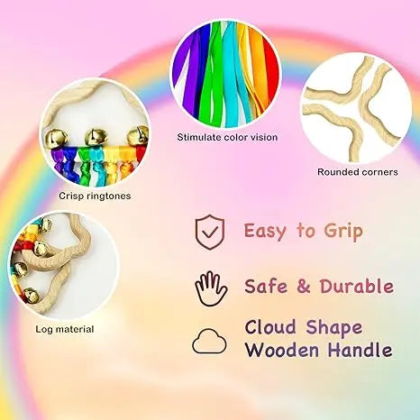 Montessori Rainbow Sensory Toy for Newborns and Toddlers - Colorful Ribbons on Hardwood Grasp Toy, Safe and Engaging