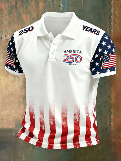 Breathable men's polo shirt – flag-printed USA 250th anniversary design, Fourth of July casual wear