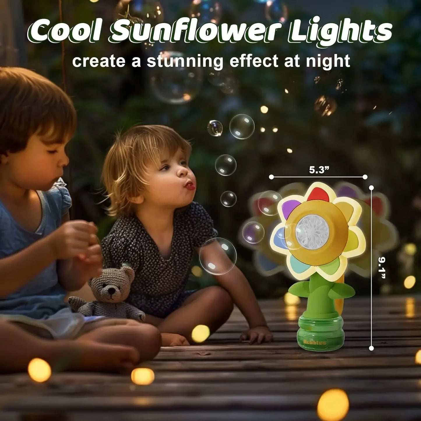 Seifenblasenmaschine für Kinder, Sonnenblumendesign, 3-Gang tragbarer Seifenblasenbläser Spielzeug für Partys