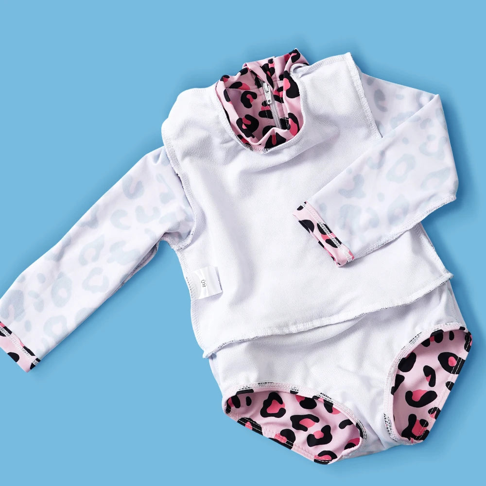 Soft Girls' One-Piece Swimsuit - Long Sleeve, Lace Design, Polyester, Sun Protection Beachwear