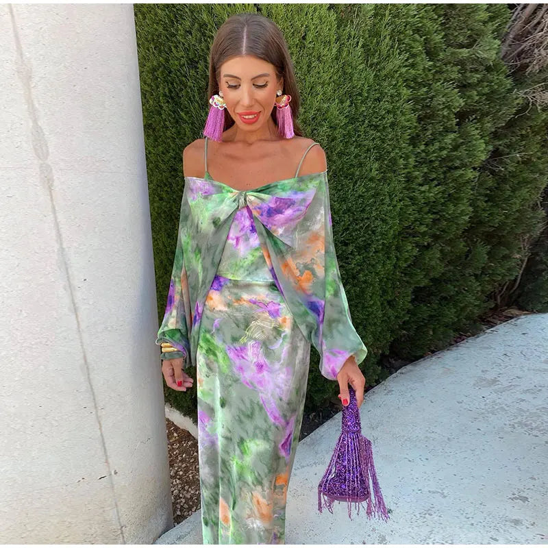 Vibrant Long Womens Dress with Removable Scarf and Modern Halo Print for Summer Events-1