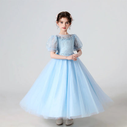 Soft Girls' Dress - Flowy Princess-Cut Lace-Embroidery, Polyester, Wedding Party