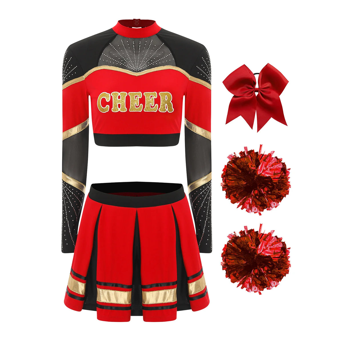 Cosplaykostuum voor cheerleaderoptredens voor vrouwen, crop-top met lange mouwen en geplooide rok met pompons 2026