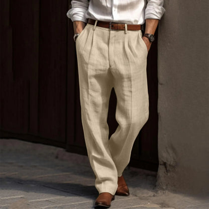 Cotton Linen Pleated Pants For Men - Solid Color Straight Leg Office Trousers