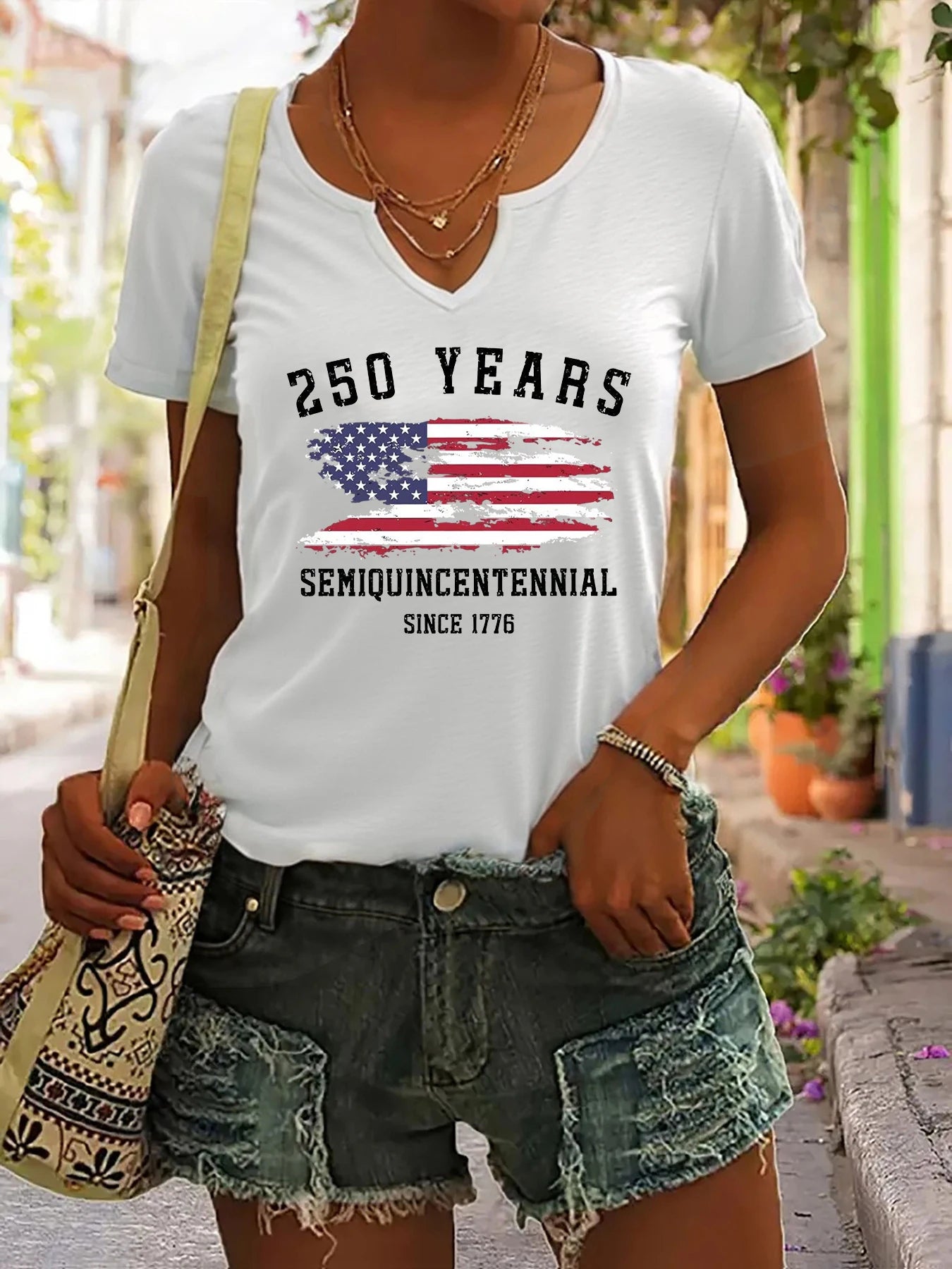 Soft Women's V-Neck T-Shirt - Short Sleeve, Patriotic Semiquincentennial Flag Print, Casual Top