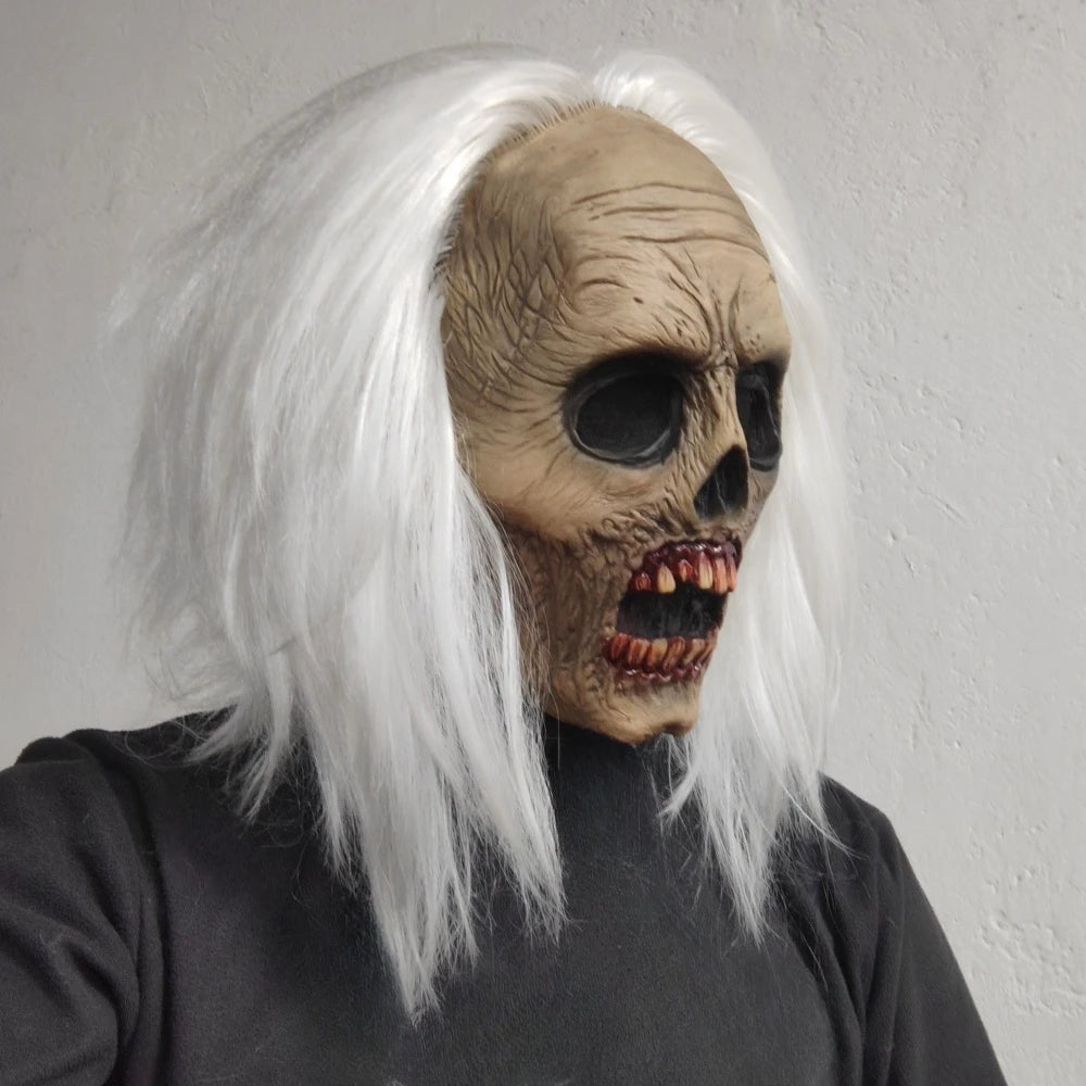 Latex horrormasker voor volwassenen met wit haar, vampier en zombiestijl, dat het hele hoofd bedekt, Halloween-kostuumdecoratie en -rekwisiet 2026