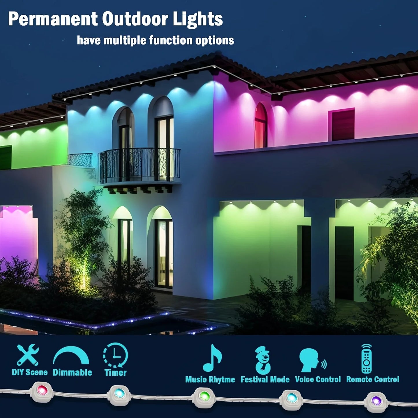 Smart RGBIC Permanent Outdoor LED Fairy Christmas Lights  - Waterproof Eaves Lighting for Christmas and Holiday Decor, Bluetooth Control