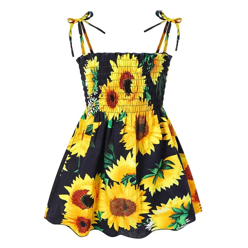 Soft girls' floral sundress - smocked bodice, polyester, for casual beach party