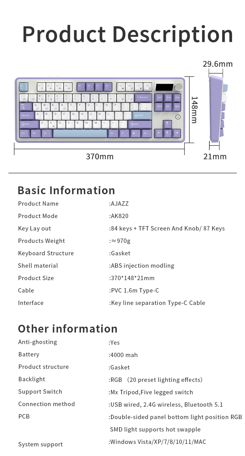 Teclado mecánico 87 teclas modo tri RGB intercambiable en caliente