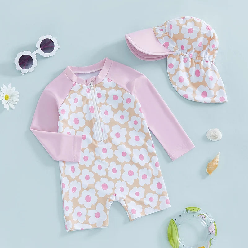 Let holdbar toddler pigebadedragt med rashguard - langærmet blomster flamingo print, polyester elastan, strandtøj