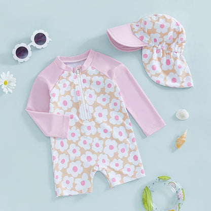 Let holdbar toddler pigebadedragt med rashguard - langærmet blomster flamingo print, polyester elastan, strandtøj