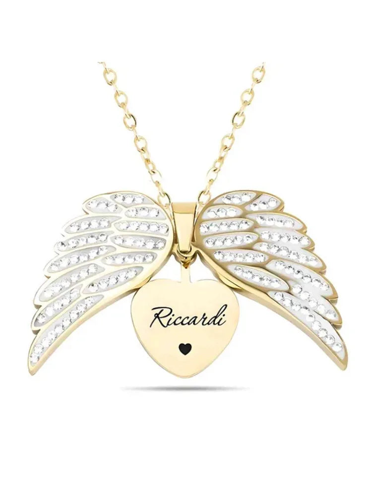 Classic couples' heart pendant necklace – angel wings, zircon stone, metal chain, gift idea