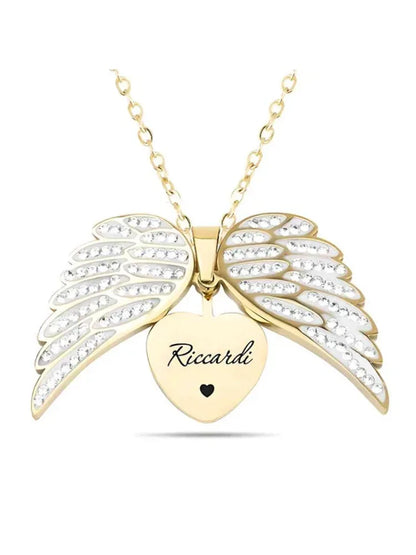 Classic couples' heart pendant necklace – angel wings, zircon stone, metal chain, gift idea