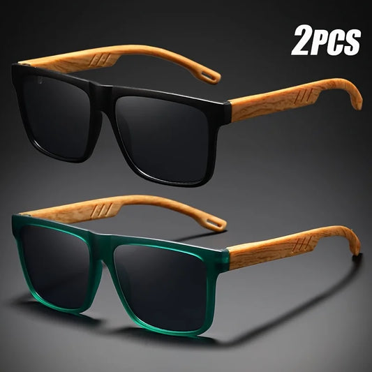 Occhiali da sole con montatura quadrata unisex occhiali per esterni protezione UV400 estate 2026 tendenza cerniere effetto legno