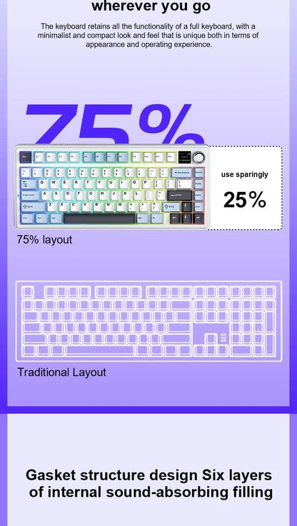 Teclado mecánico para juegos 75% Hot Swap RGB TFT inalámbrico