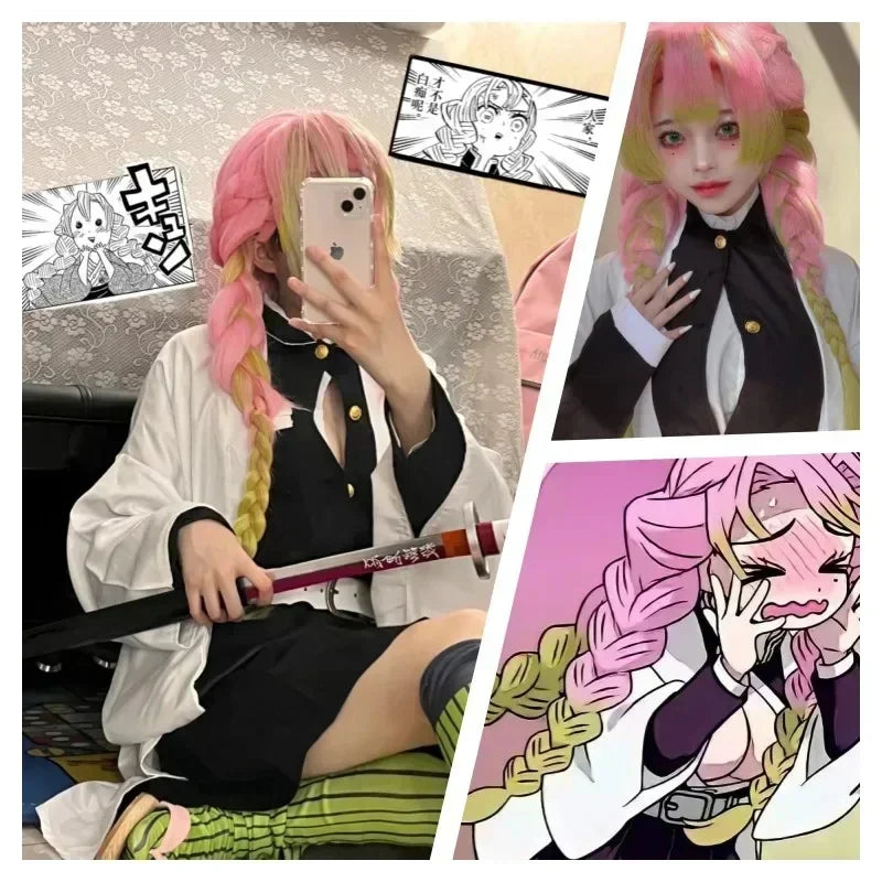 Demon Slayer Kanroji Mitsuri Kimono Haori Cosplay Costume Set with Wig for Adults Kids Halloween 2026