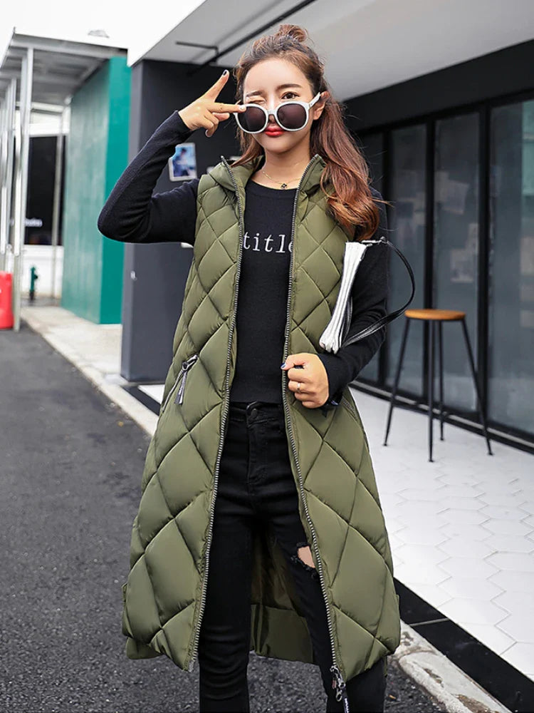 Lightweight Women's Long Puffer Vest - Hooded Cotton Winter