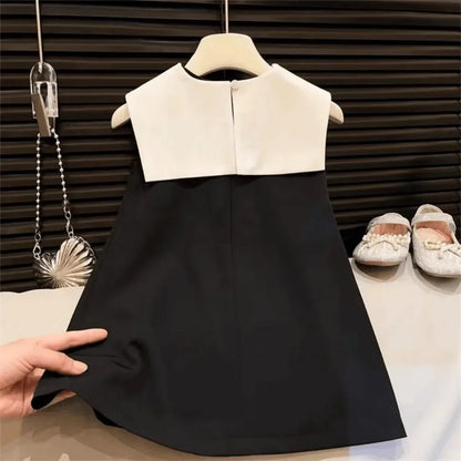 Soft and flattering girls' knee-length dress - sleeveless, bow-collar, polyester, birthday party